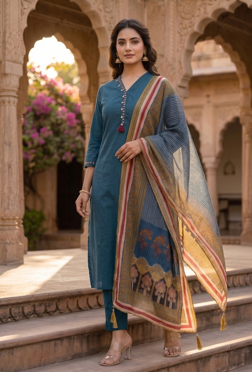 Teal Blue Cotton Kurta Set