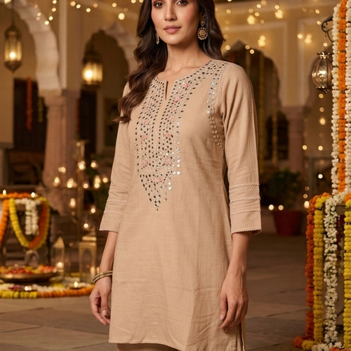 Amira Beige Mirror Work Co-ord Set