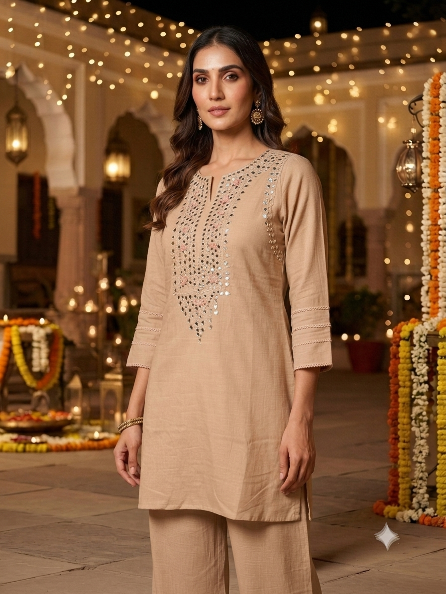Amira Beige Mirror Work Co-ord Set