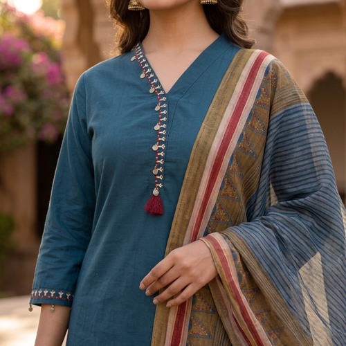 Teal Blue Cotton Kurta Set