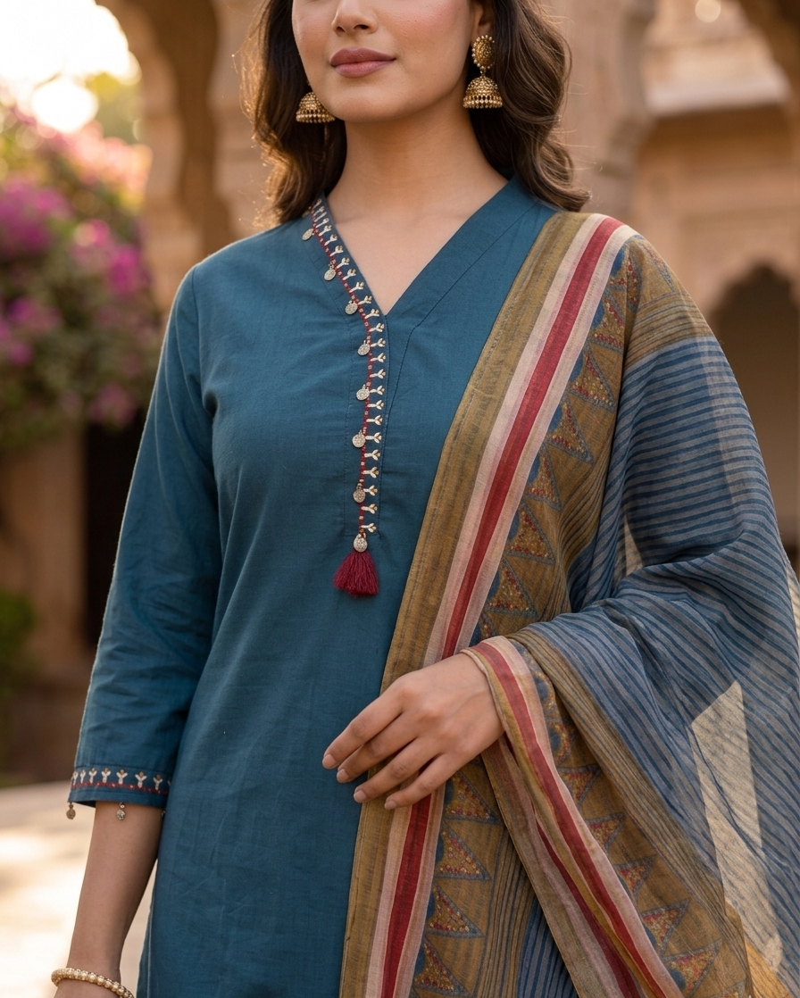 Teal Blue Cotton Kurta Set