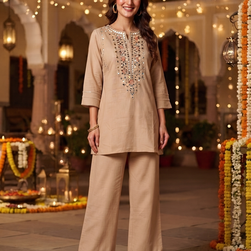 Amira Beige Mirror Work Co-ord Set