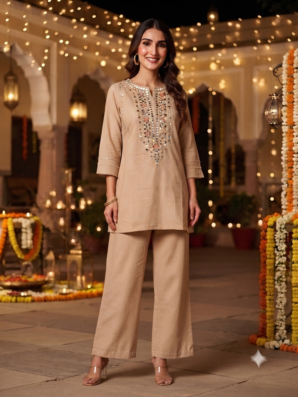 Amira Beige Mirror Work Co-ord Set