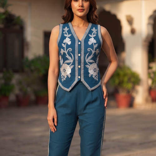 Ivy Teal Embrodiered Vest Set