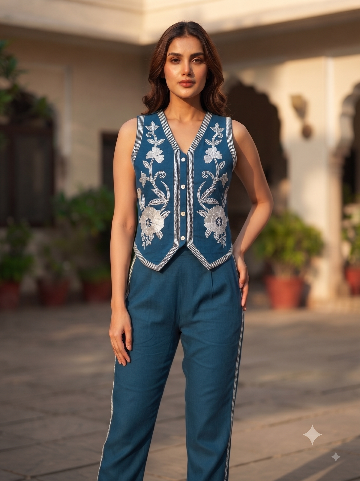 Ivy Teal Embrodiered Vest Set