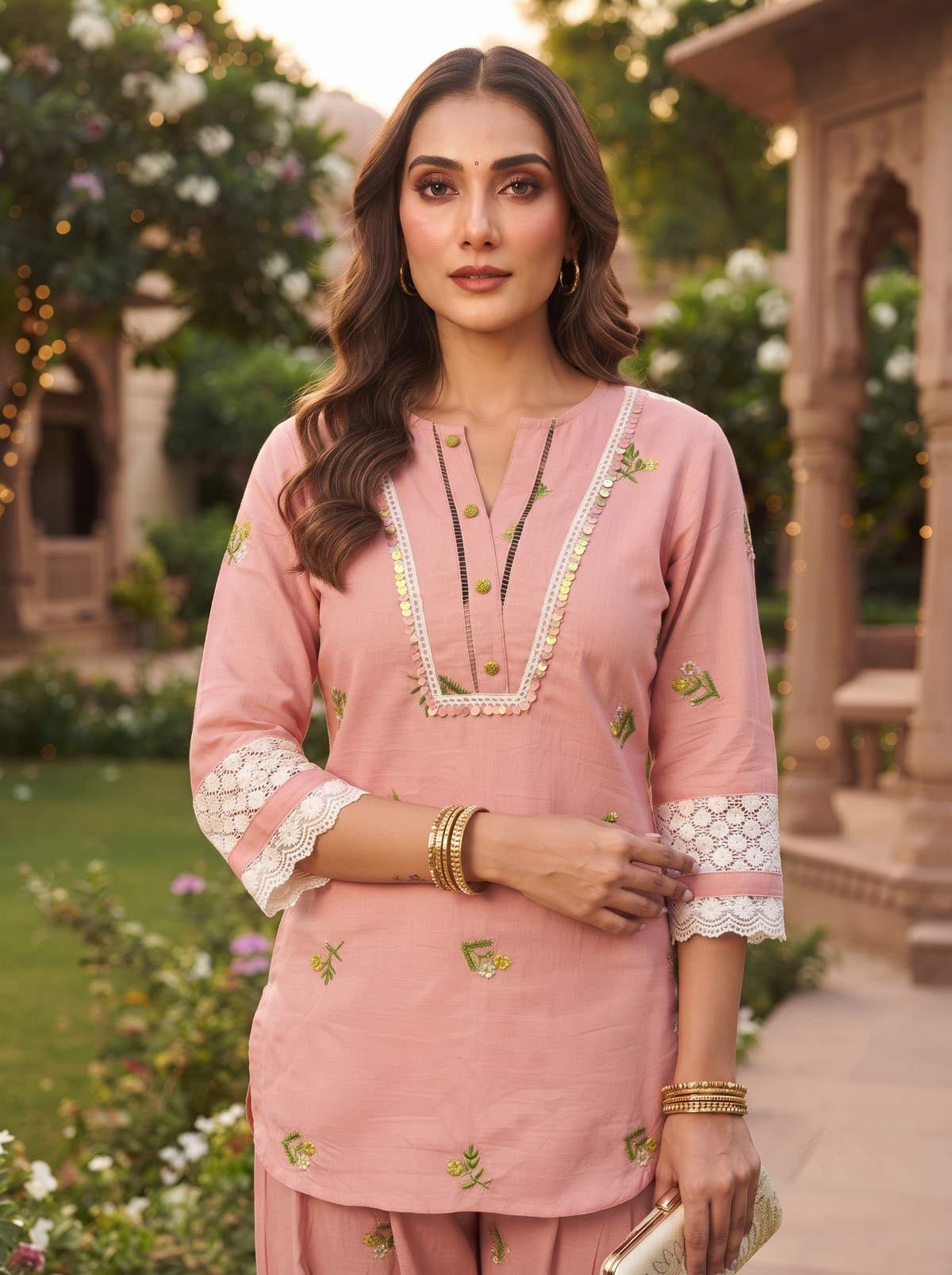 Zoya Pink Floral Embroidery Co-ord Set
