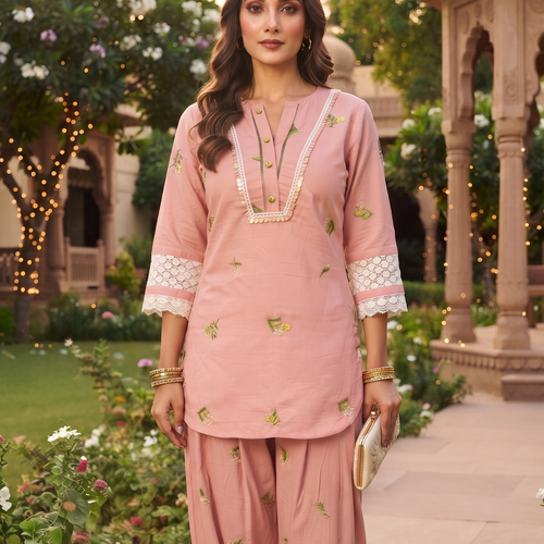 Zoya Pink Floral Embroidery Co-ord Set