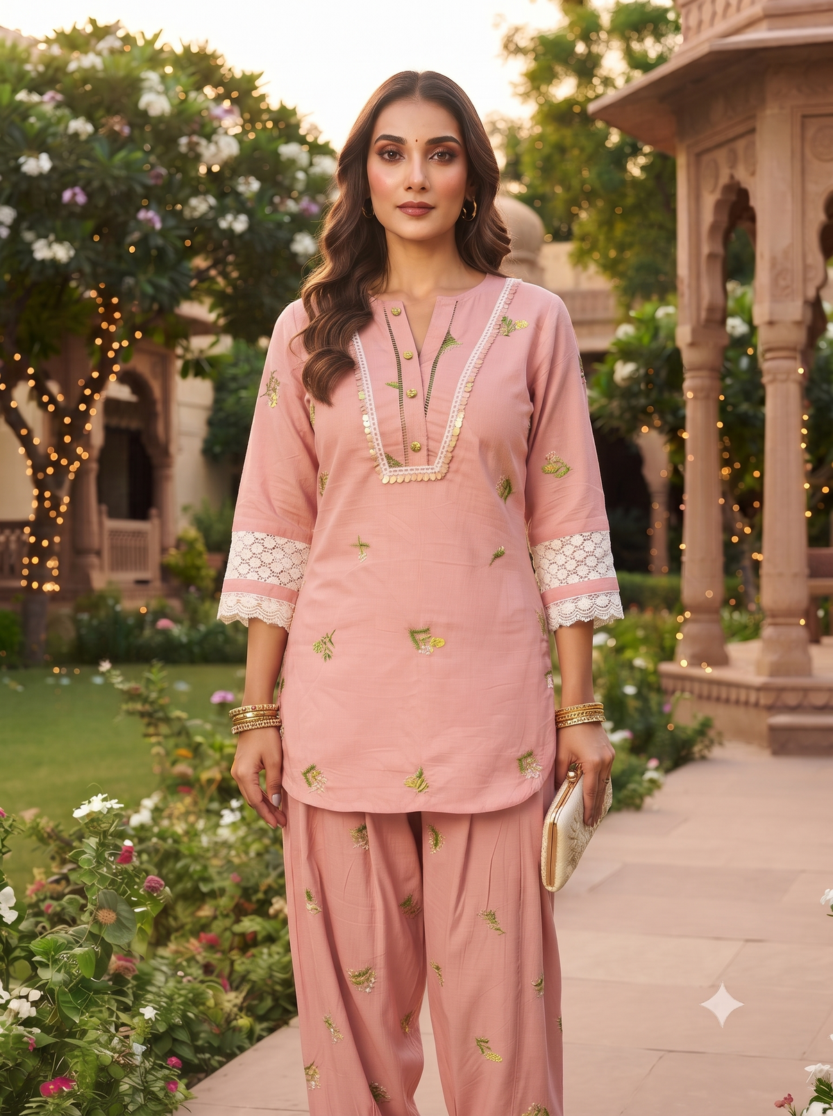 Zoya Pink Floral Embroidery Co-ord Set