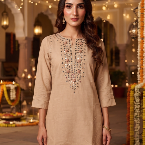 Amira Beige Mirror Work Co-ord Set