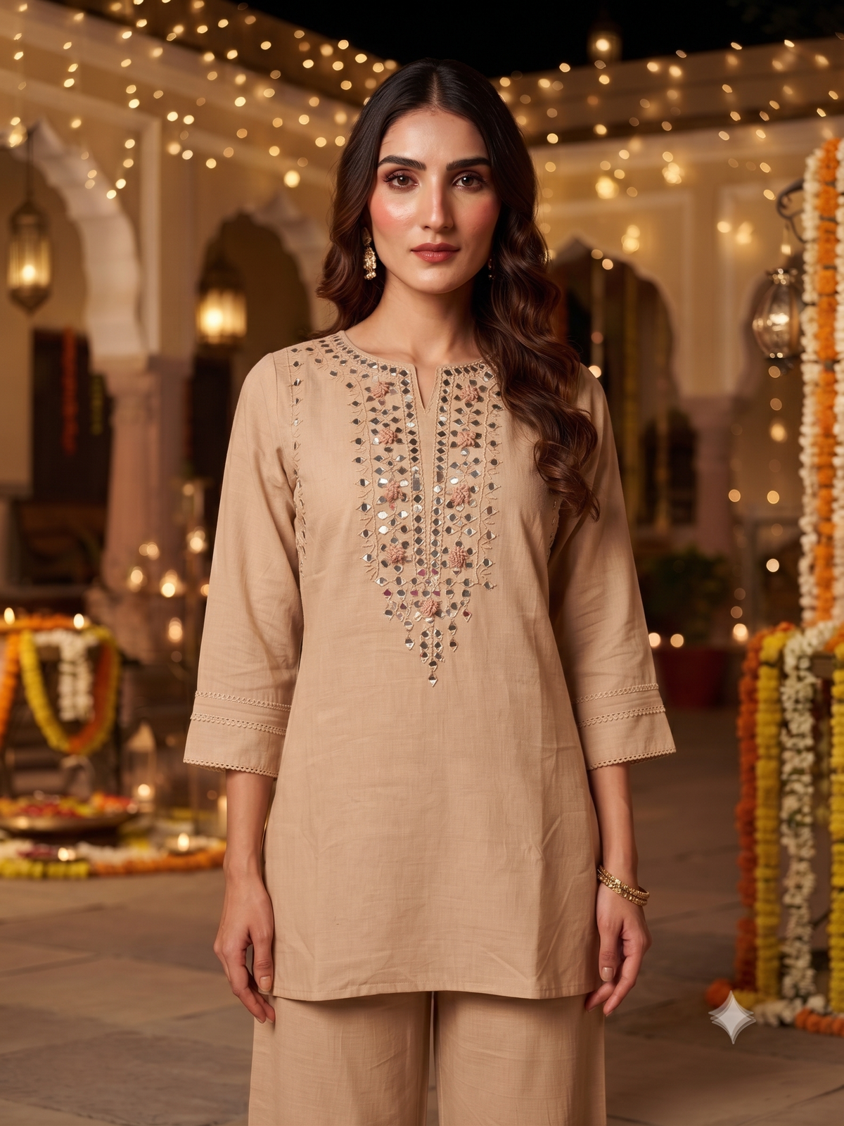 Amira Beige Mirror Work Co-ord Set