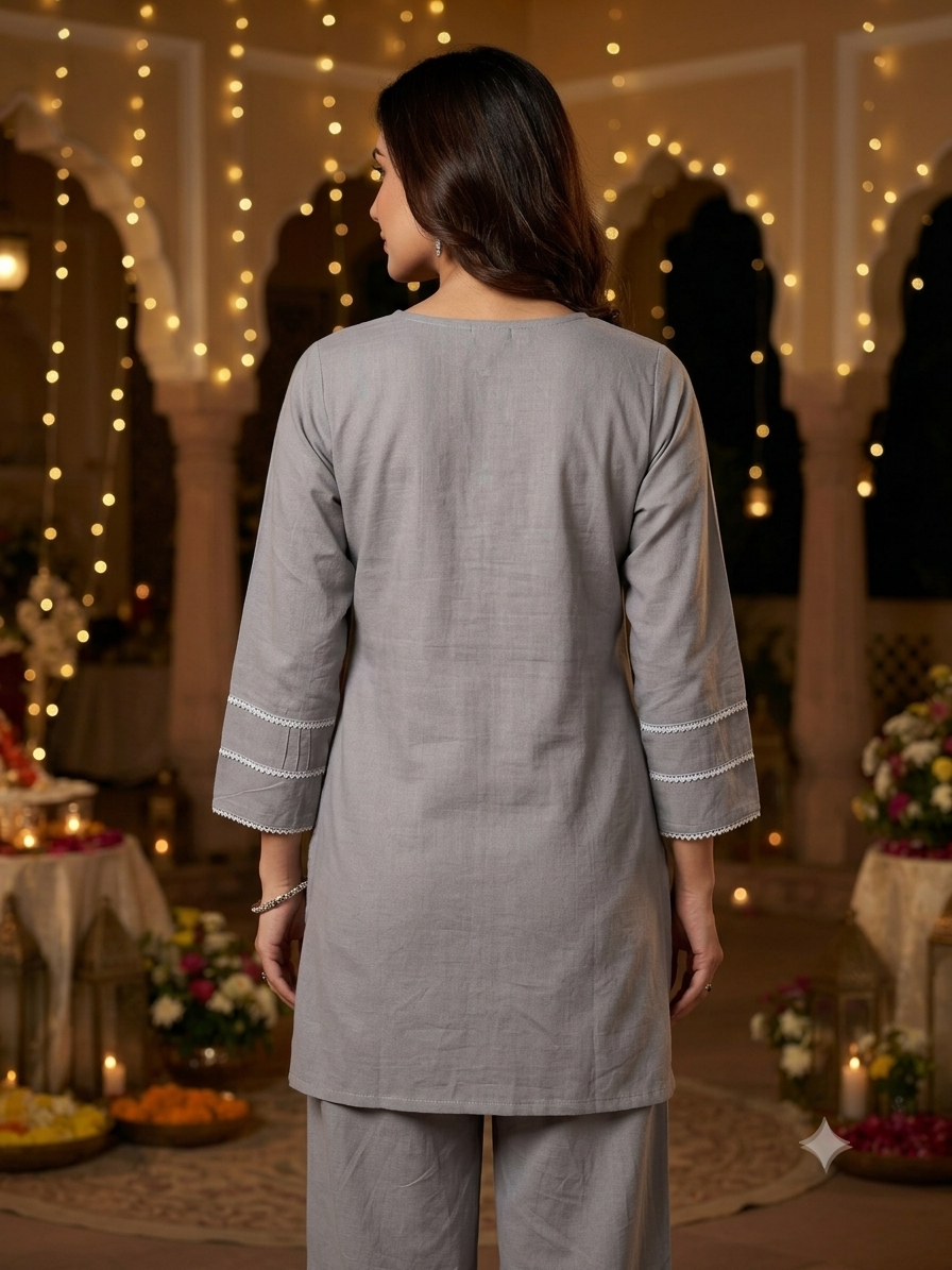 Amira Fossil Grey Mirror Work Co-ord Set