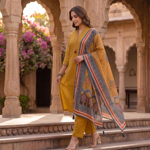 Mustard Cotton Kurta Set