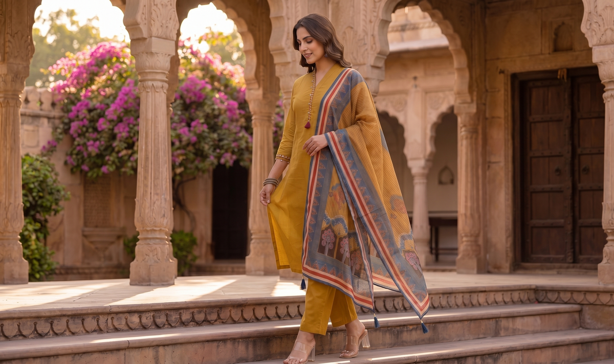 Mustard Cotton Kurta Set