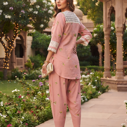 Zoya Pink Floral Embroidery Co-ord Set