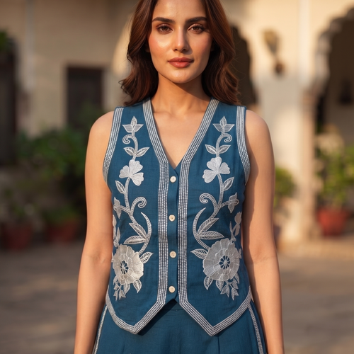 Ivy Teal Embrodiered Vest Set