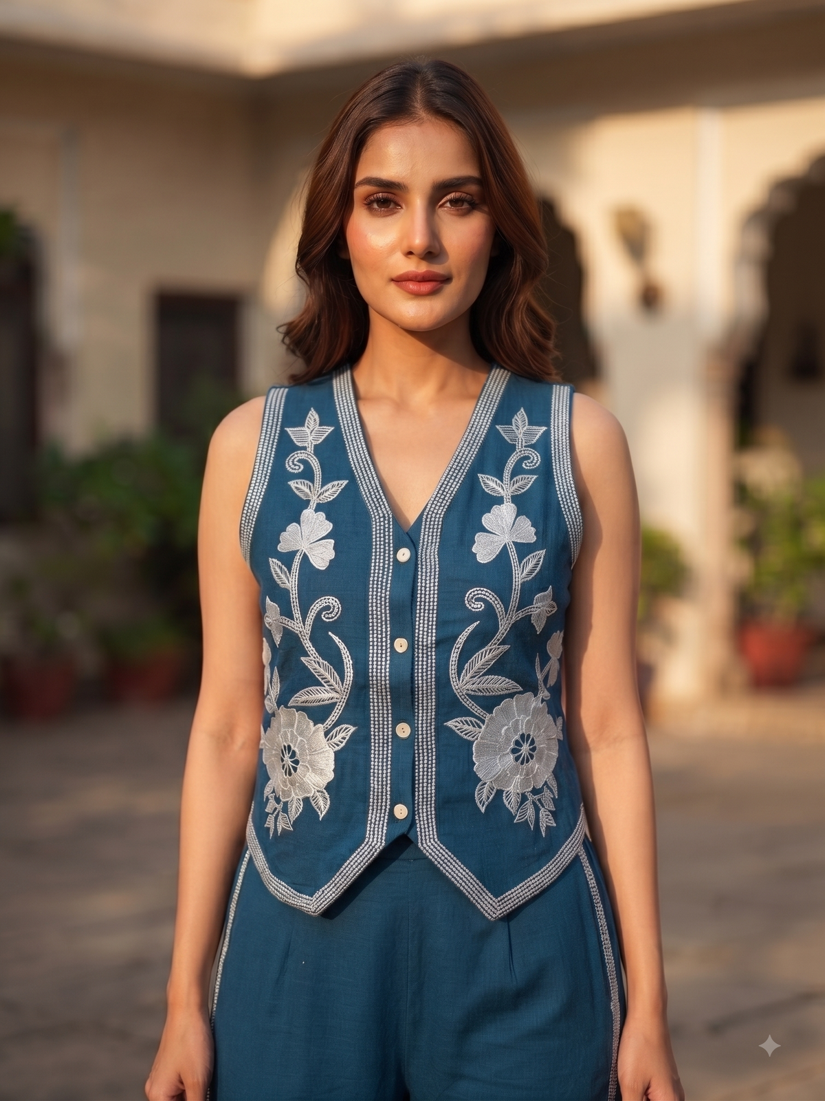 Ivy Teal Embrodiered Vest Set