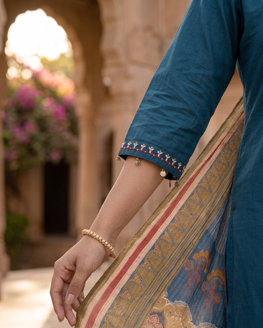 Teal Blue Cotton Kurta Set