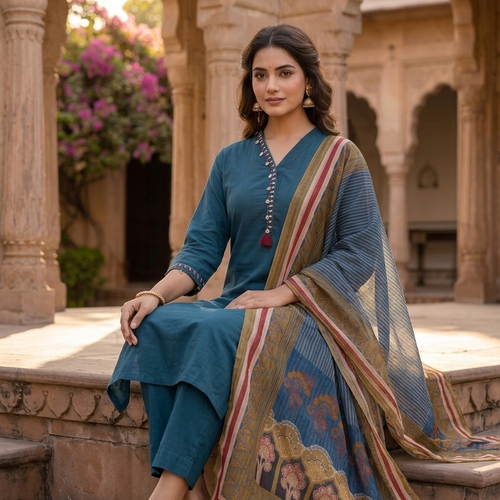 Teal Blue Cotton Kurta Set