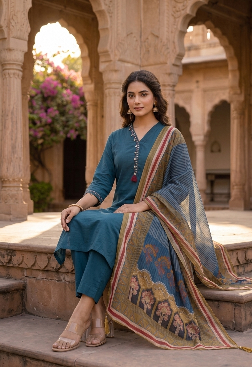 Teal Blue Cotton Kurta Set