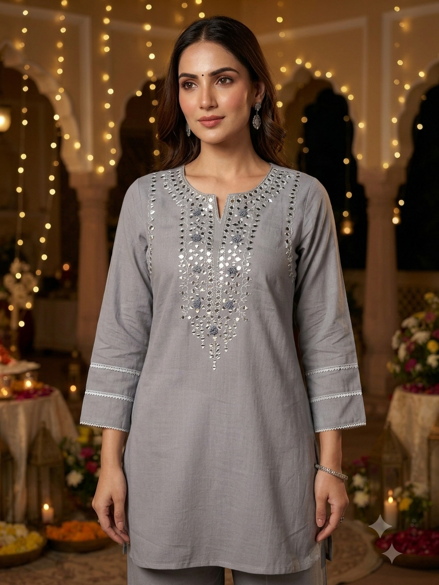 Amira Fossil Grey Mirror Work Co-ord Set