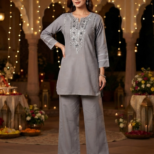 Amira Fossil Grey Mirror Work Co-ord Set