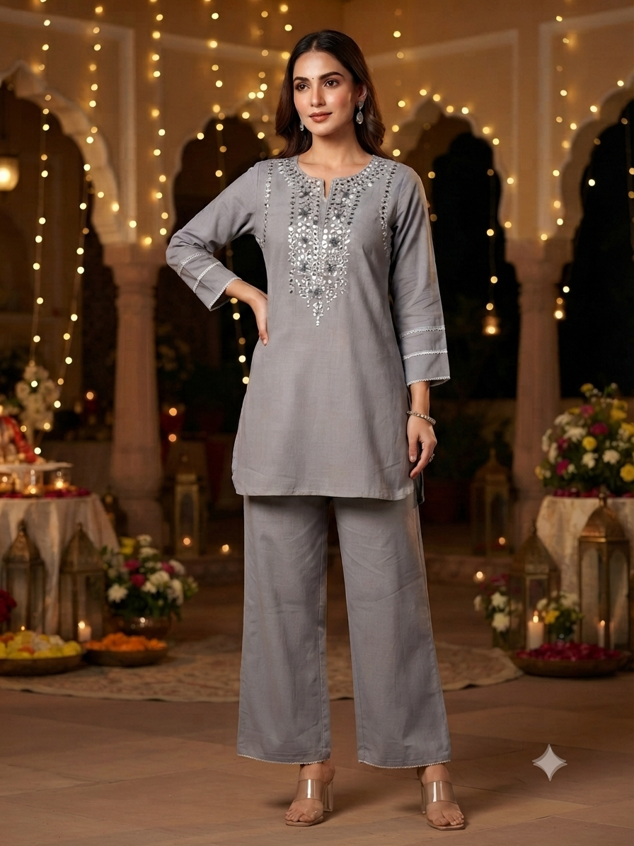 Amira Fossil Grey Mirror Work Co-ord Set