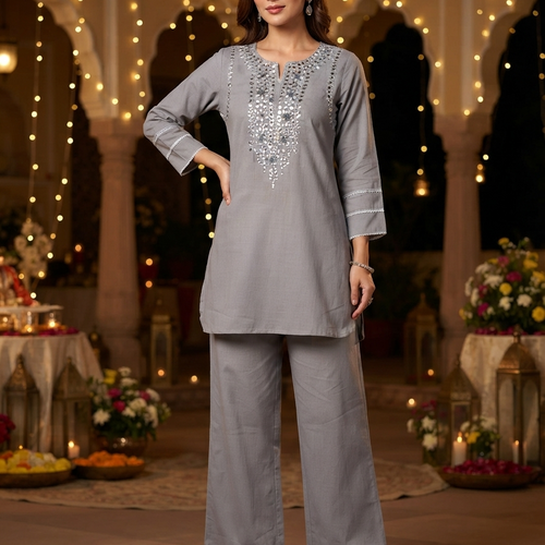 Amira Fossil Grey Mirror Work Co-ord Set