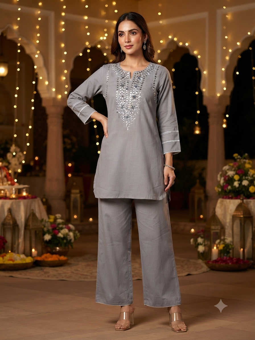Amira Fossil Grey Mirror Work Co-ord Set