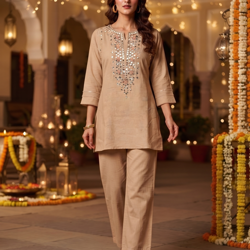 Amira Beige Mirror Work Co-ord Set