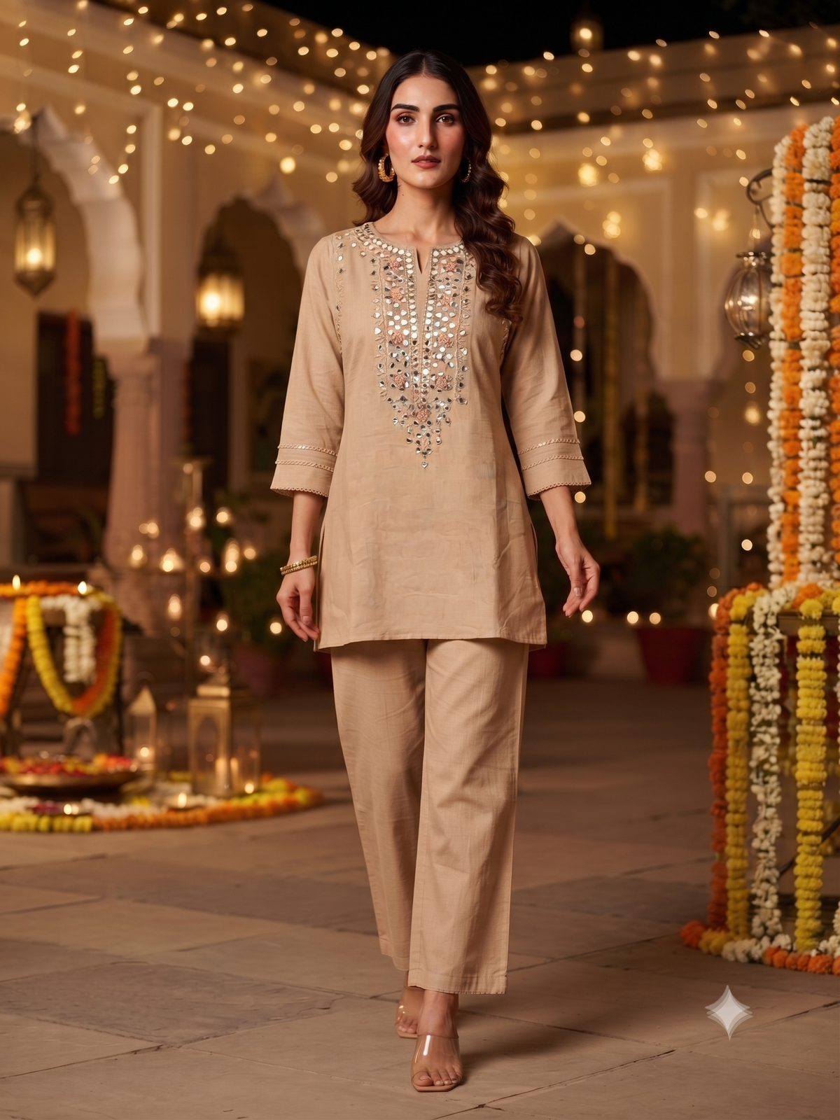 Amira Beige Mirror Work Co-ord Set