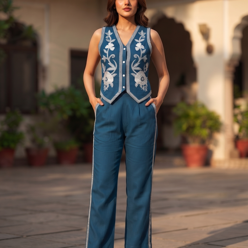 Ivy Teal Embrodiered Vest Set