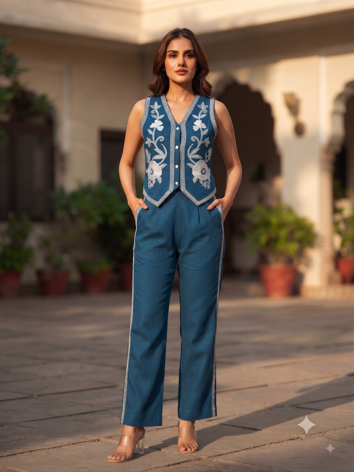 Ivy Teal Embrodiered Vest Set