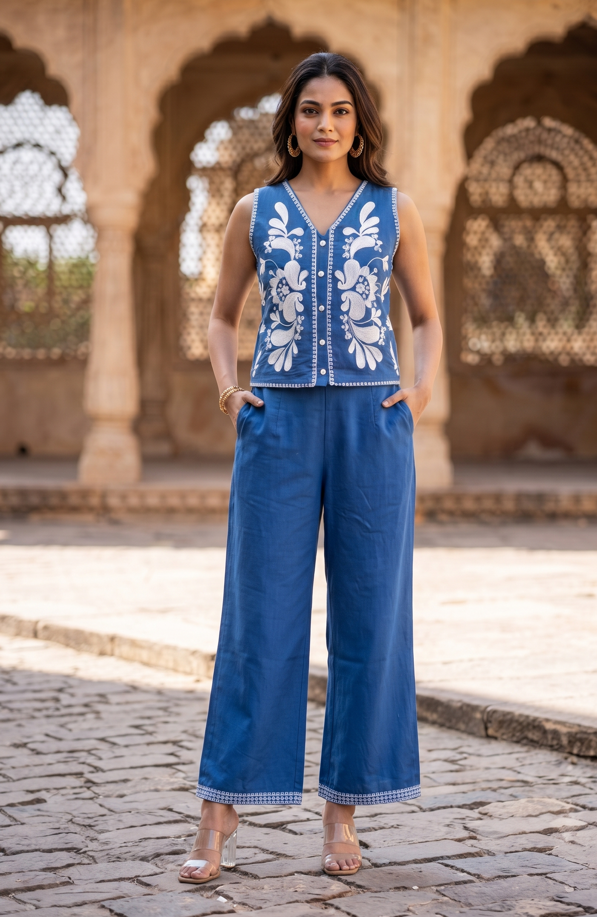 Faye Floral Embroidered Vest Set