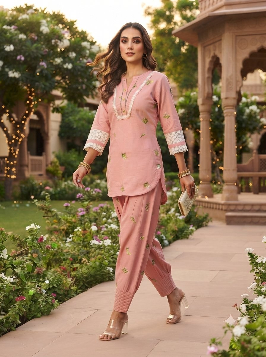 Zoya Pink Floral Embroidery Co-ord Set