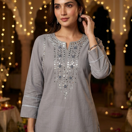 Amira Fossil Grey Mirror Work Co-ord Set