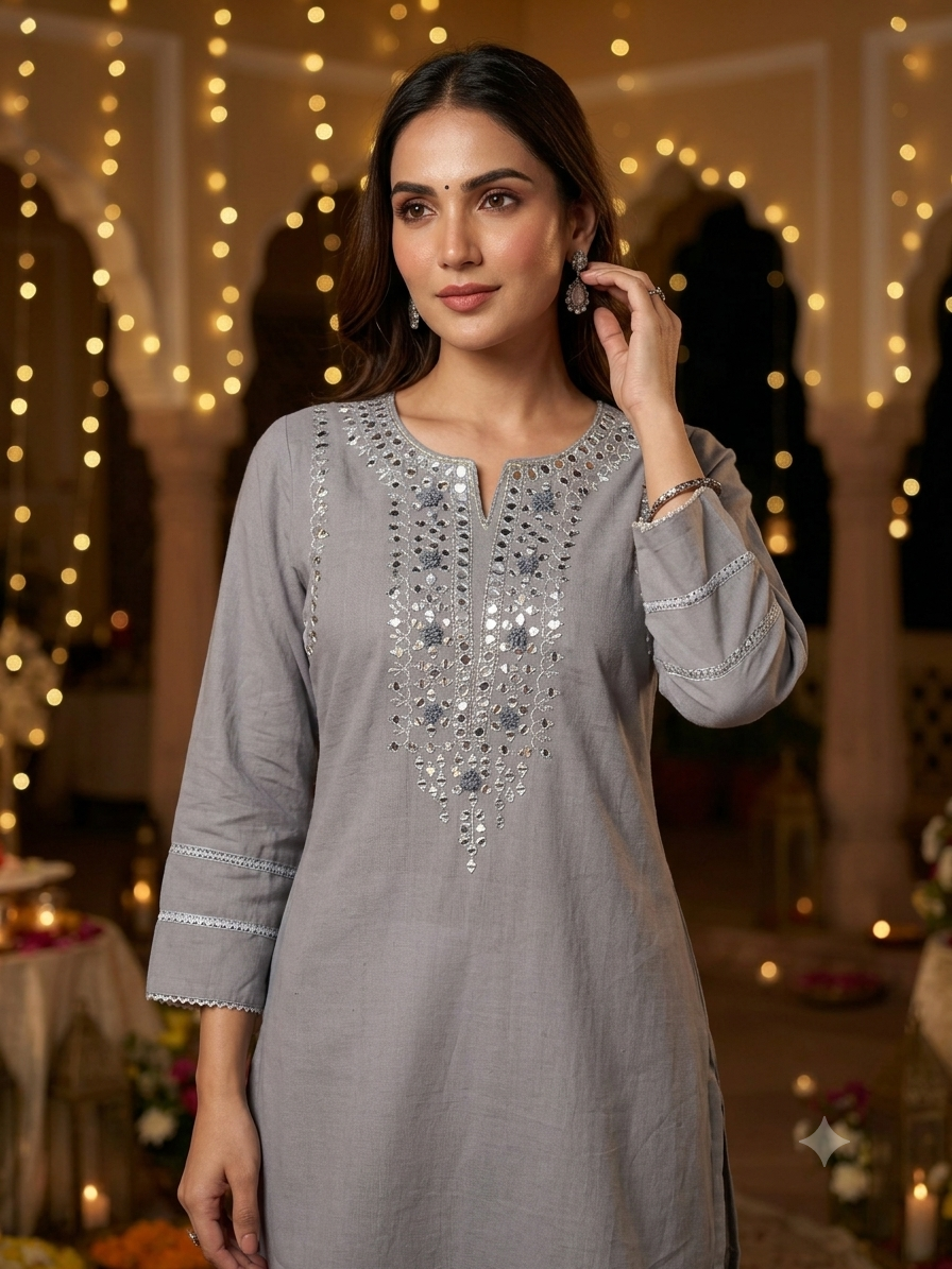 Amira Fossil Grey Mirror Work Co-ord Set