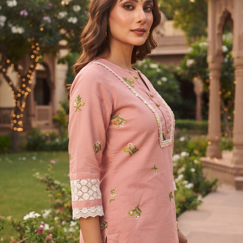 Zoya Pink Floral Embroidery Co-ord Set