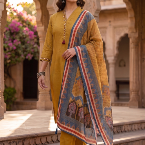 Mustard Cotton Kurta Set