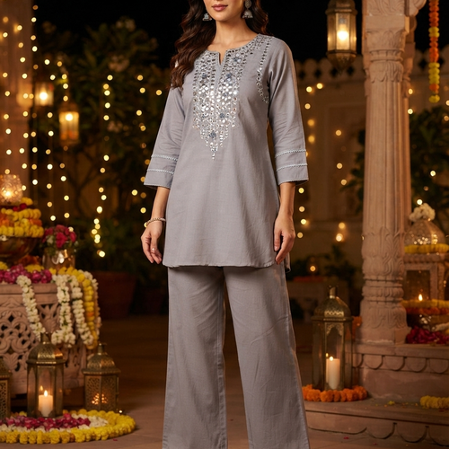 Amira Fossil Grey Mirror Work Co-ord Set