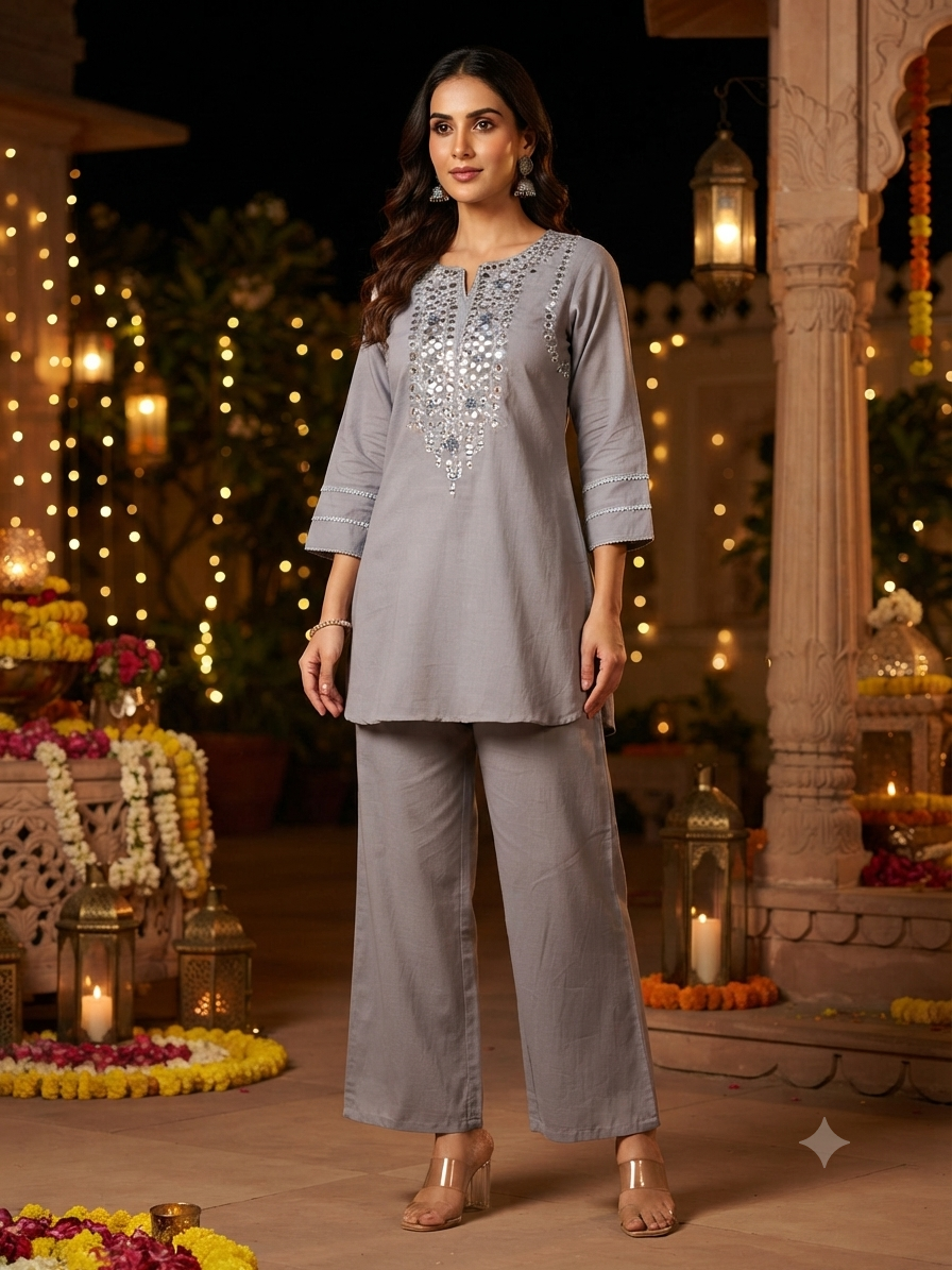 Amira Fossil Grey Mirror Work Co-ord Set