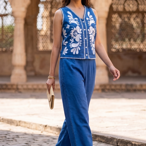 Faye Floral Embroidered Vest Set