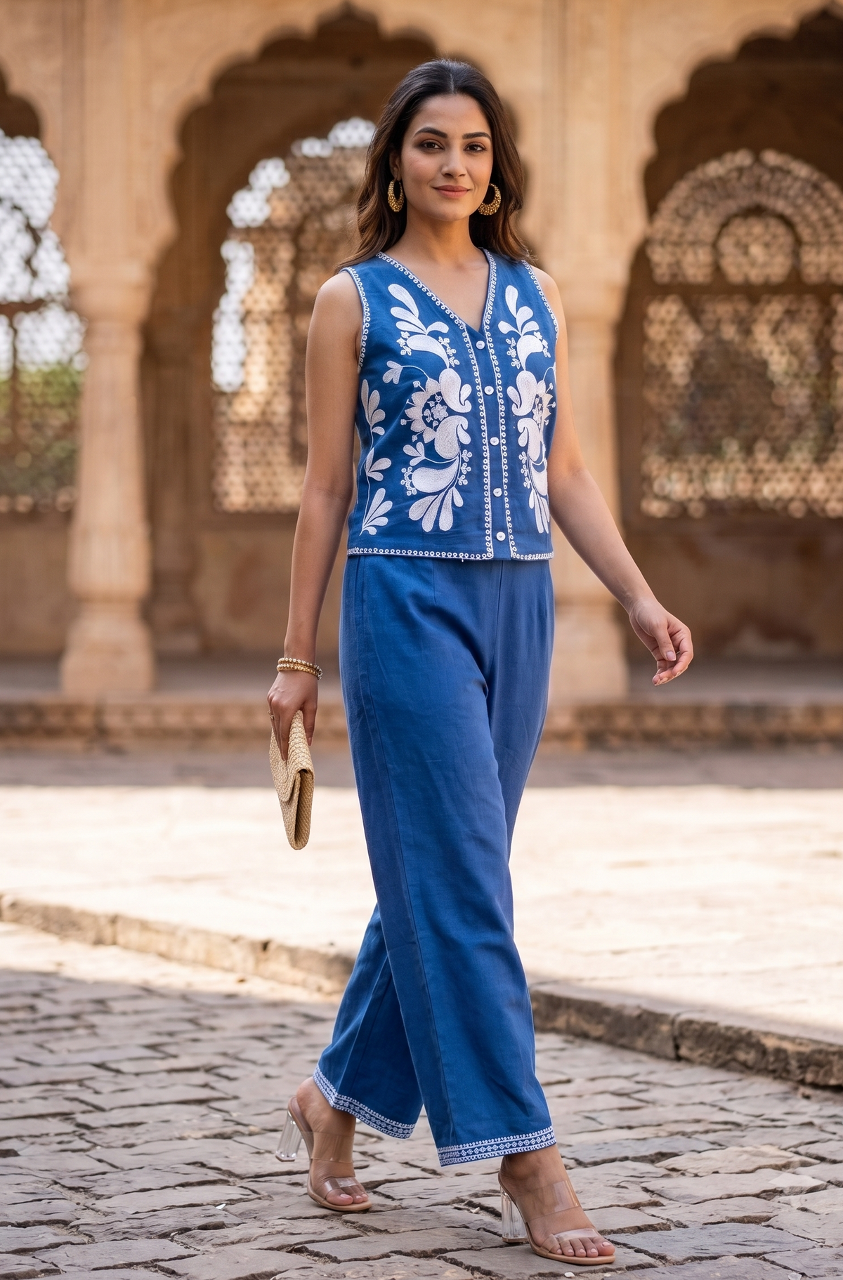 Faye Floral Embroidered Vest Set