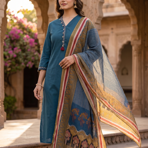 Teal Blue Cotton Kurta Set