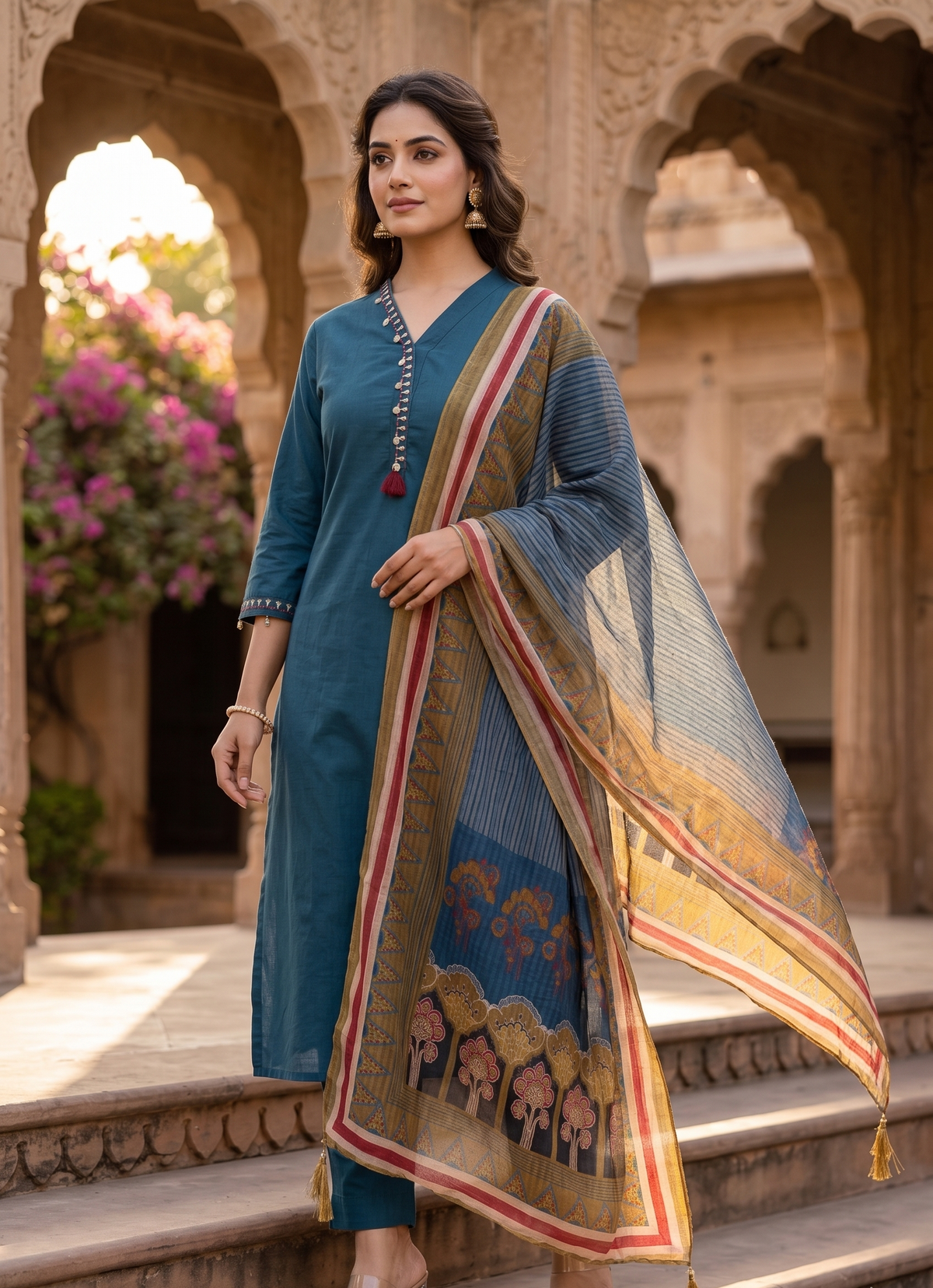 Teal Blue Cotton Kurta Set
