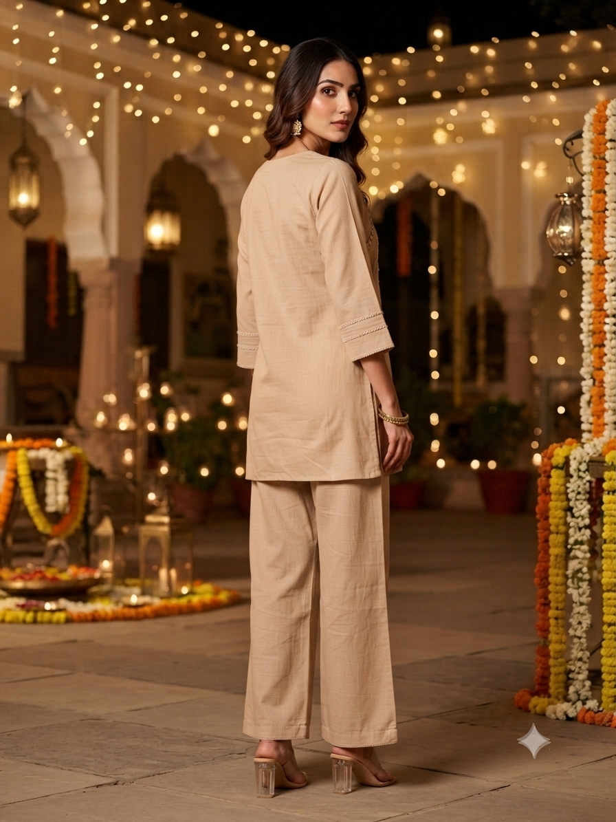 Amira Beige Mirror Work Co-ord Set
