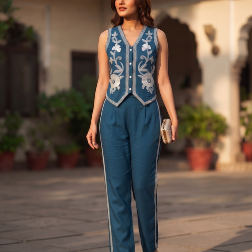 Ivy Teal Embrodiered Vest Set