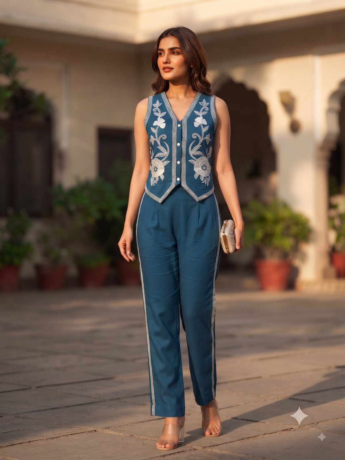 Ivy Teal Embrodiered Vest Set
