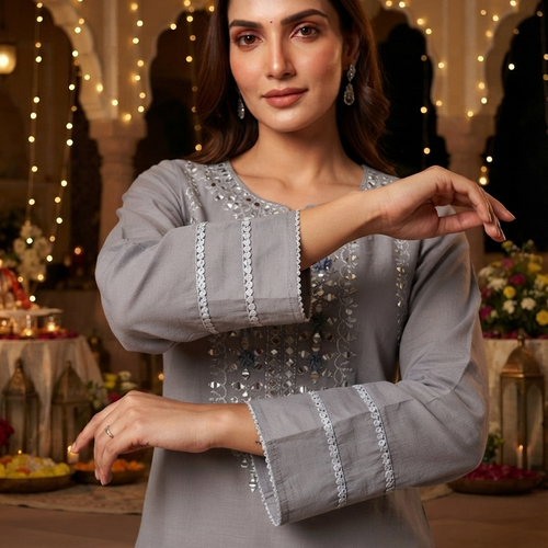 Amira Fossil Grey Mirror Work Co-ord Set