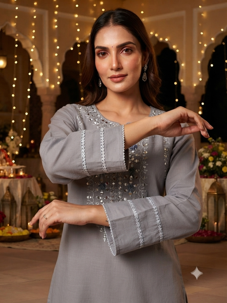 Amira Fossil Grey Mirror Work Co-ord Set