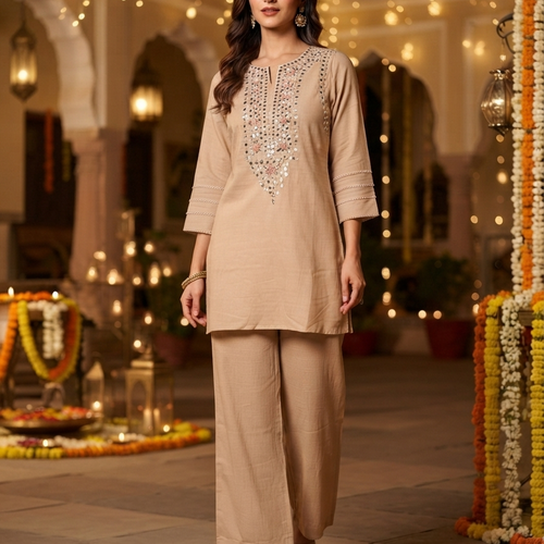 Amira Beige Mirror Work Co-ord Set